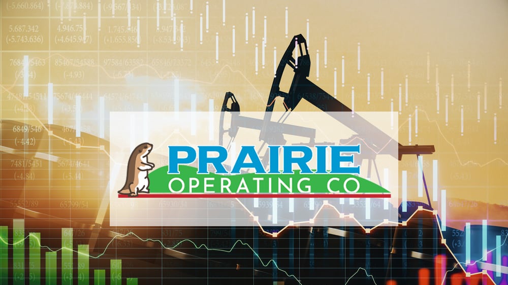 Denver-Julesburg Basin producer Prairie Operating's logo over stock images of drilling rigs and red and green graphs.