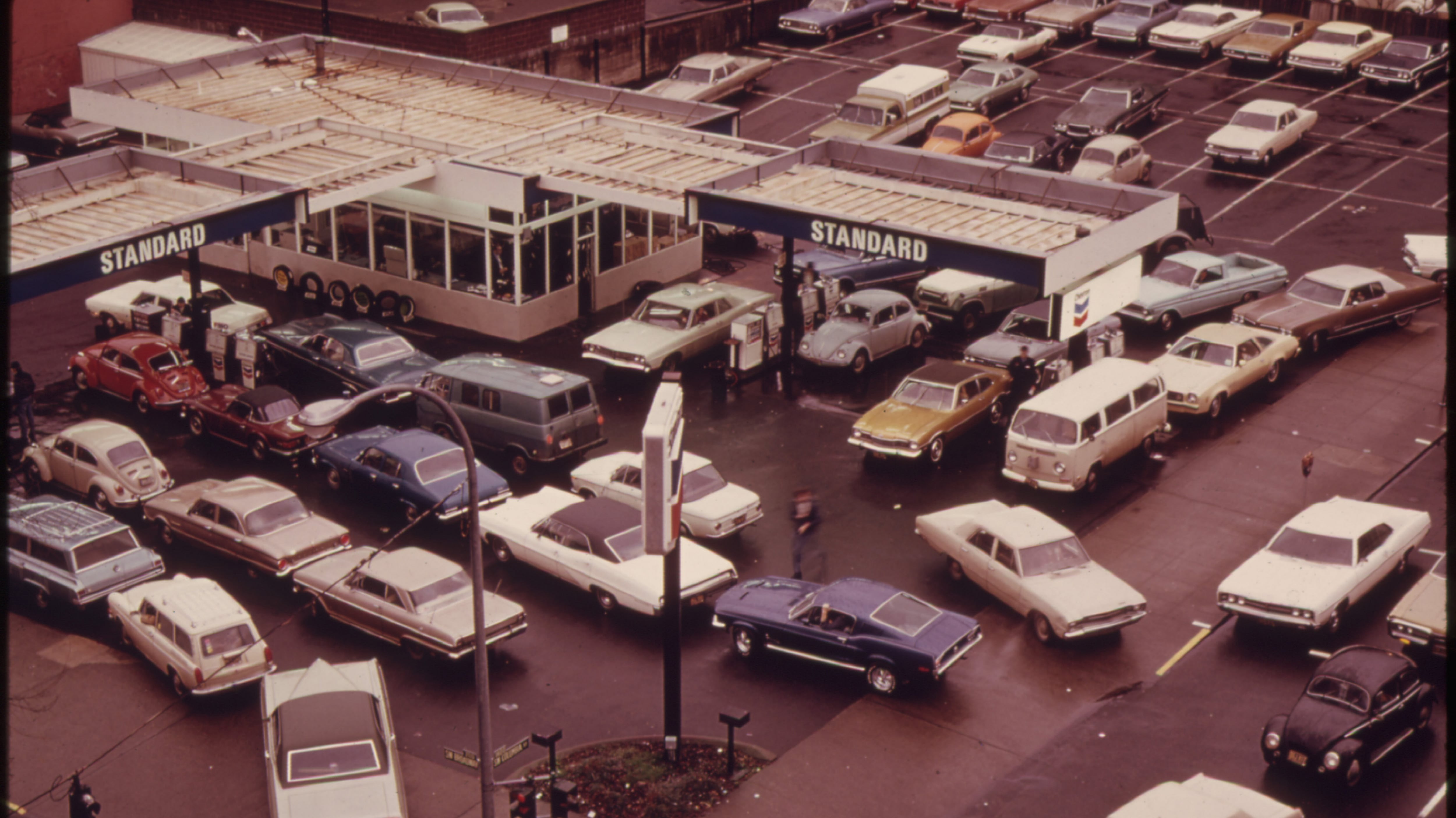 Bird's Eye View of an Average Gas Station in Portland During the Early Morning Hours of Pumping. Image courtesy National Archives, 1973. (Photo by Smith Collection/Gado/Getty Images).
