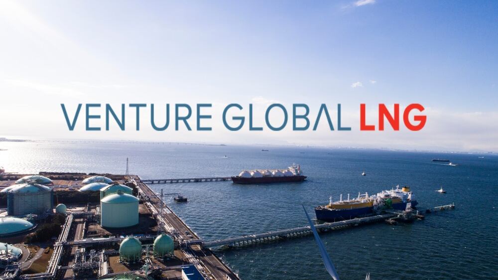 Venture Global LNG logo overlaid on top of an image of an LNG terminal.