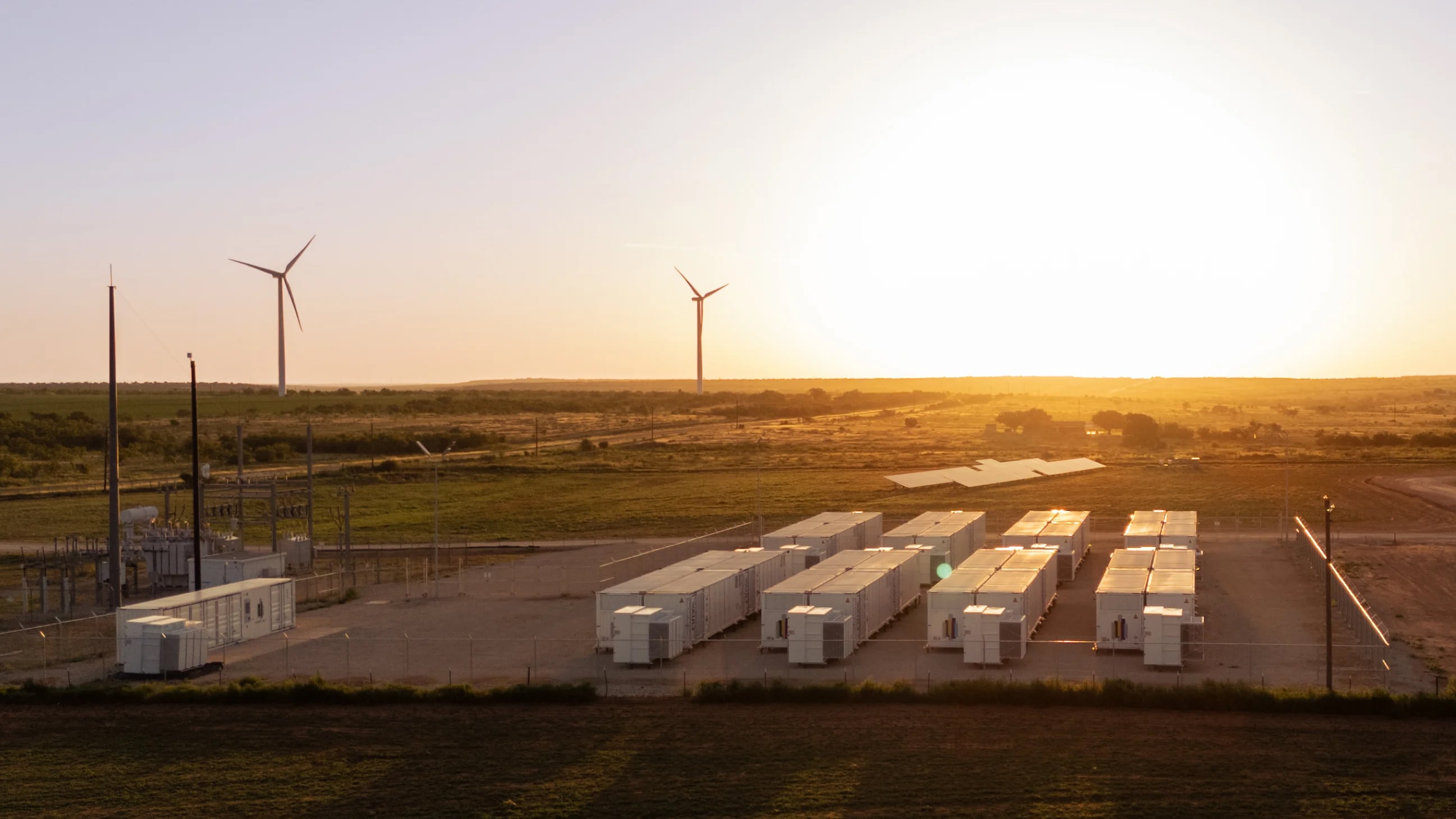 Energy Vault's Cross Trails BESS (battery energy storage system) in Snyder, Texas. At 57 MW / 114MWh, the system provides energy and ancillary services to support renewable energy production and improve grid resiliency in the Electric Reliability Council of Texas (ERCOT) region.
