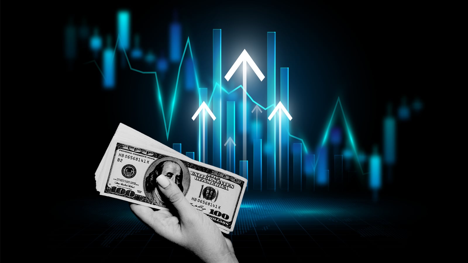 arrows going up behind a hand holding hundred dollar bills