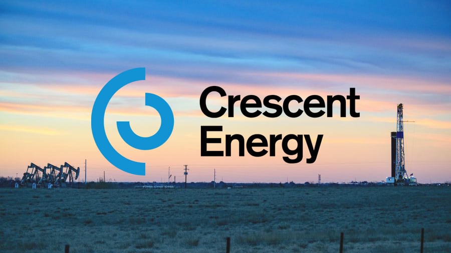 The Crescent Energy logo overlayed on stock imagery of Eagle Ford gas operations.