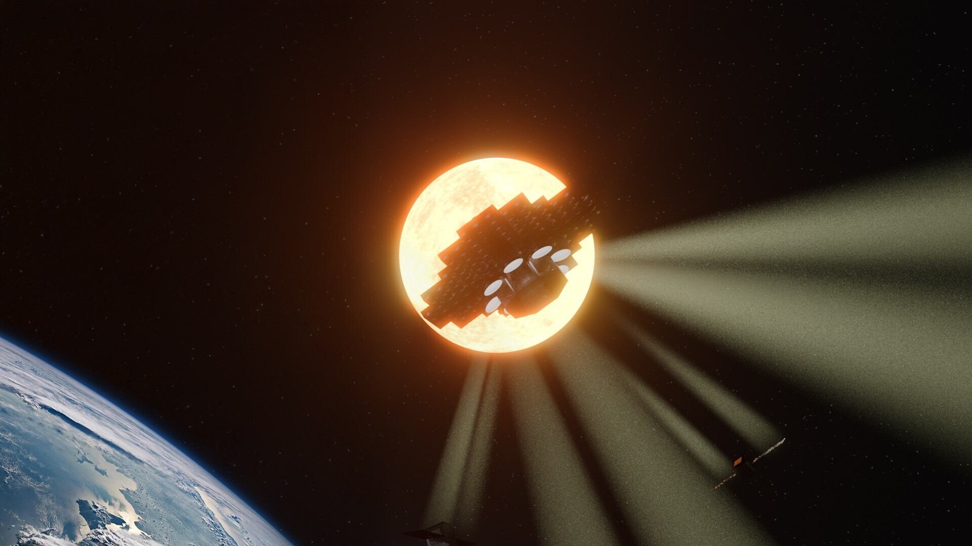 A rendering of Star Catcher's technology in orbit silhouetted in front of the sun.