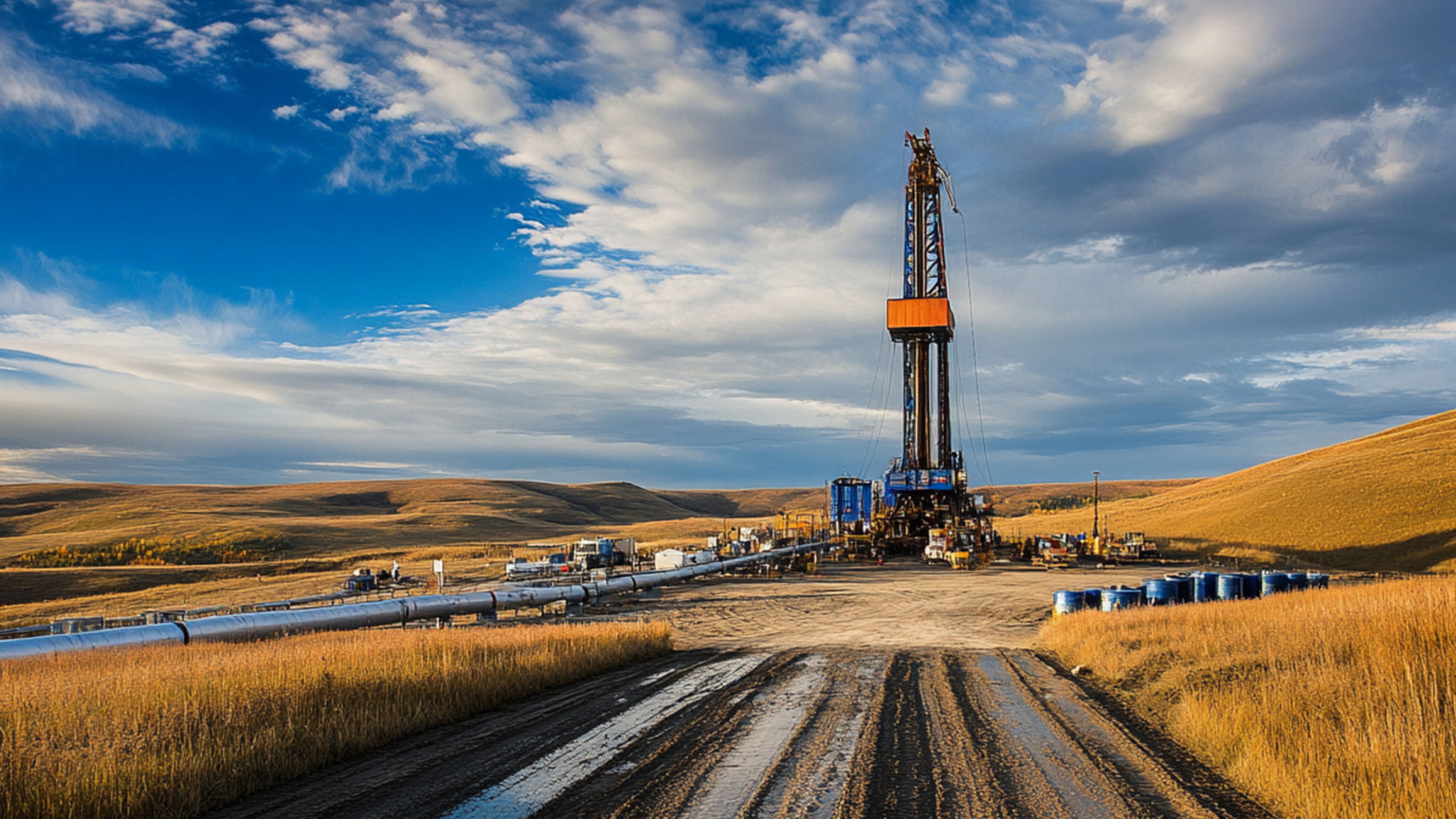 EY-pipeline leading to oil rig surrounded by brown hills and big blue sky
